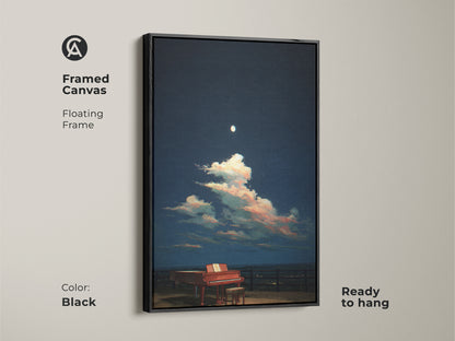 A framed canvas shows a surreal grand piano under a moonlit sky. The floating black frame enhances the artwork. Ready to hang it's ideal for any room. Pink and blue clouds create a dreamy effect. Perfect for music enthusiasts. This art adds eclectic style.
