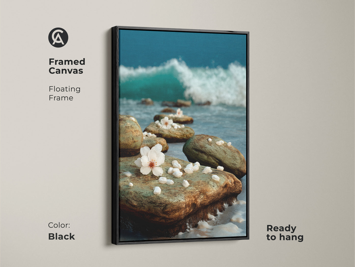 Black framed canvas art displaying teal ocean waves and beach rocks with cherry blossoms. The floating frame enhances the coastal artwork. Ready to hang in any room. Ideal for a beach-themed home.