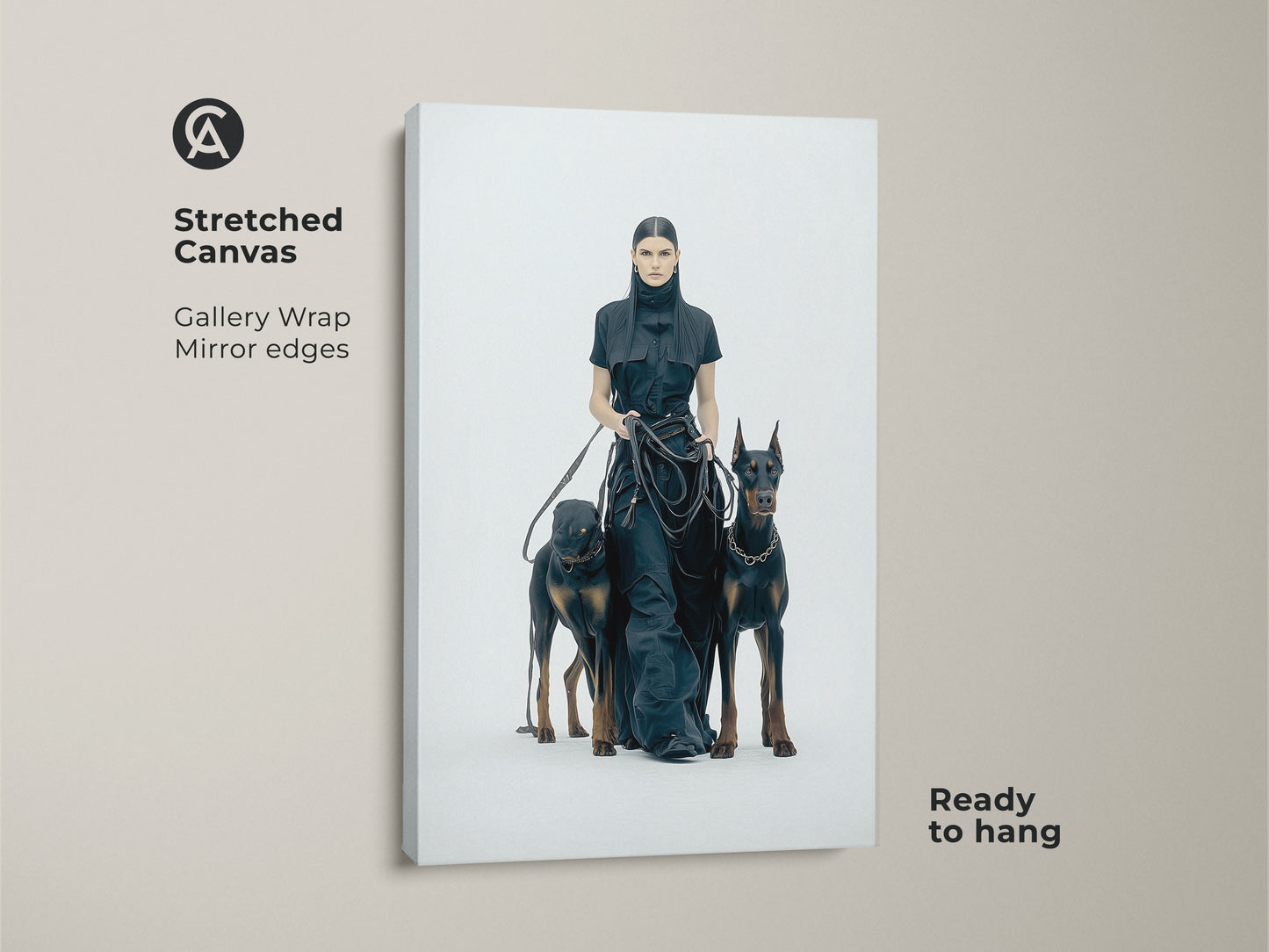 Stretched canvas print featuring a woman with Dobermans. Gallery wrapped with mirror edges. Ready to hang. This minimalist monochrome art is perfect for contemporary decor. A unique dog lover gift. High-quality print.