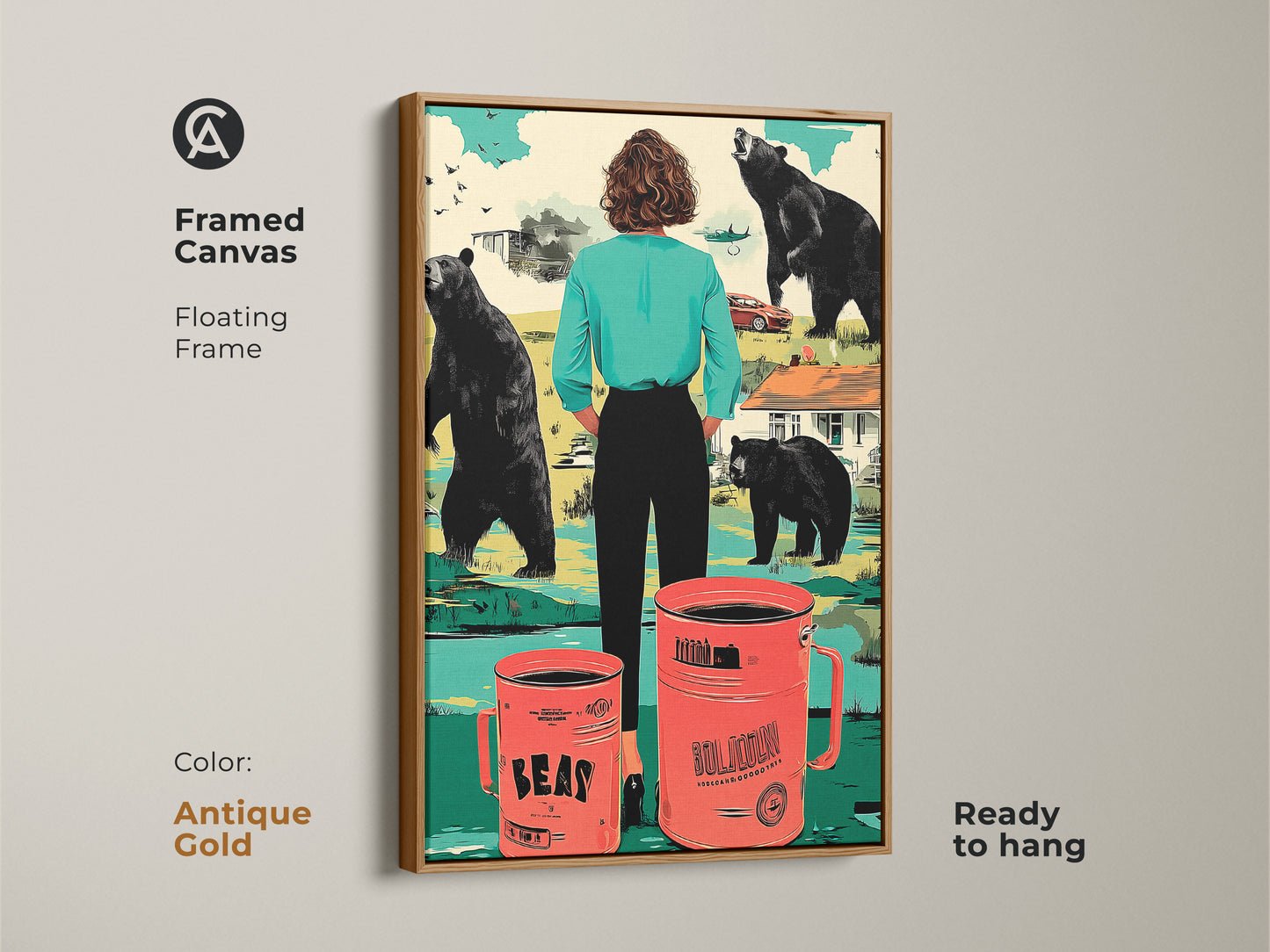 This framed canvas showcases a floating frame in antique gold. It features surreal bear and coffee mug art. This animal-themed decor is perfect for creating a unique living room. It makes a great conversation starter for home bars or eclectic entry halls.