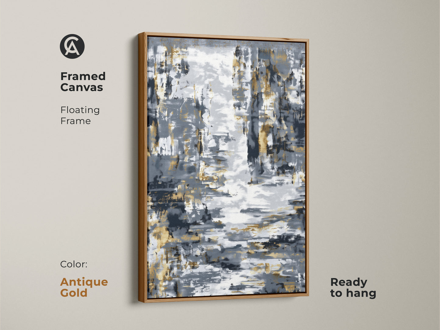 Framed canvas showcasing contemporary abstract art with gold leaf accents and an antique gold floating frame. This modern neutral wall art is ready to hang. A sophisticated choice for art for living room modern decor.