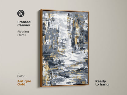Framed canvas showcasing contemporary abstract art with gold leaf accents and an antique gold floating frame. This modern neutral wall art is ready to hang. A sophisticated choice for art for living room modern decor.