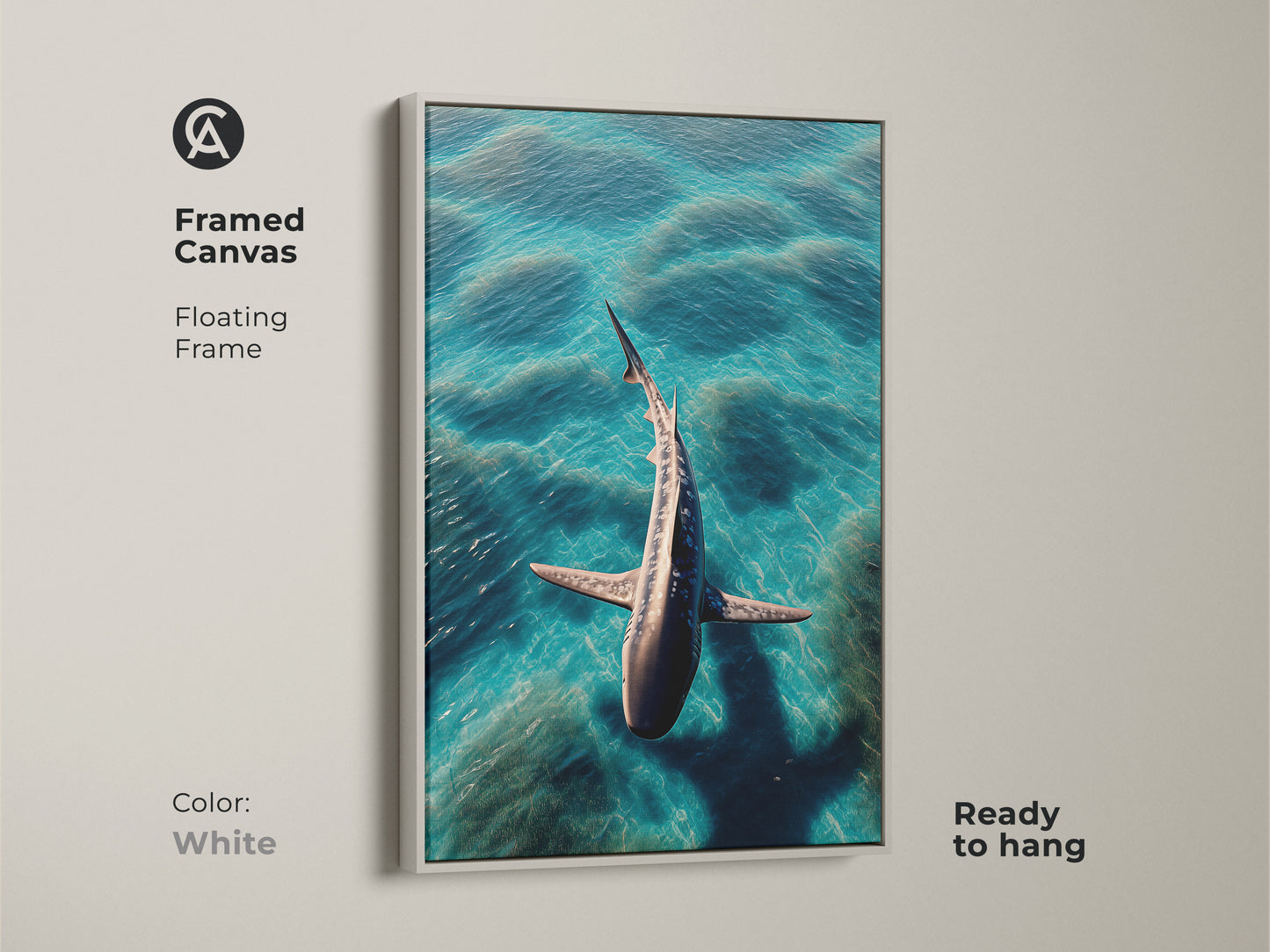 A framed canvas features a photorealistic shark in turquoise ocean waves. This aqua deep blue animal print has a floating white frame. The contemporary coastal decor is ready to hang. A beautiful housewarming shark artwork gift idea for ocean enthusiasts.