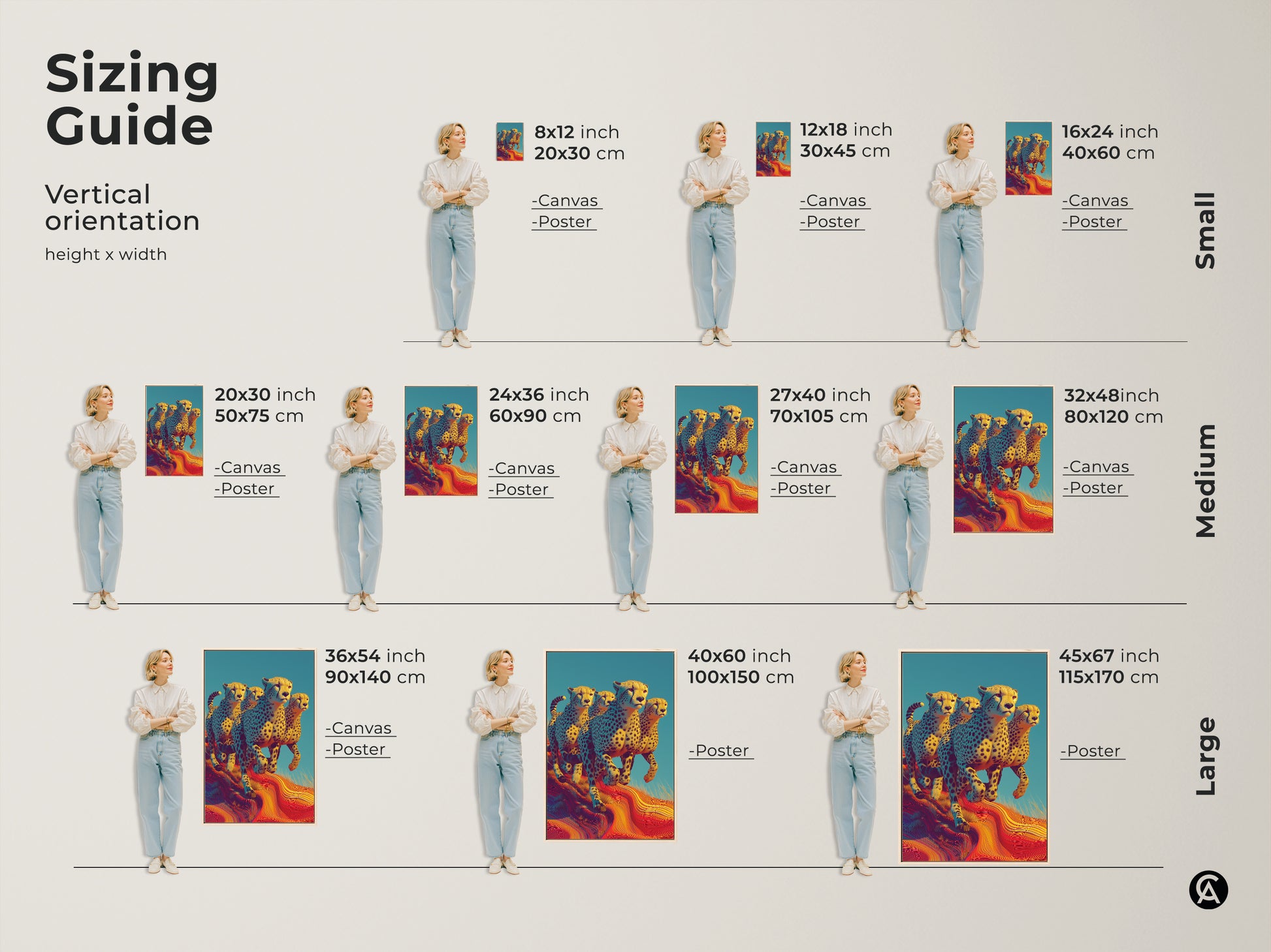 Sizing guide for cheetahs running artwork. See canvas and poster art sizes in small medium and large. Visualize the artwork in 8x12 to 45x67 inches. Perfect wildlife art for any eclectic home. Find the perfect size for your space. Gift for animal lovers.