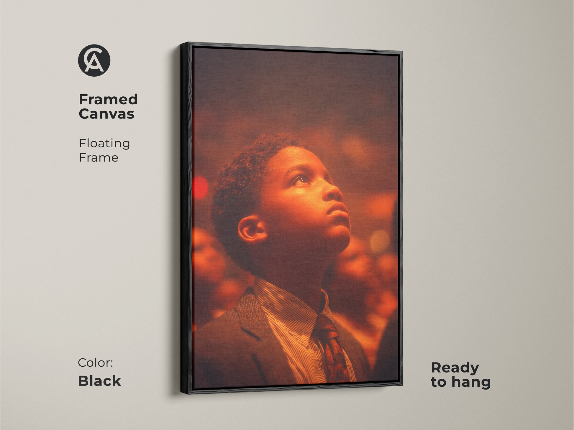 Framed canvas artwork with a sleek black floating frame. Showcases a young boy looking up filled with hope. Ready to hang and enjoy this framed art. Enhances any living space with its modern style.