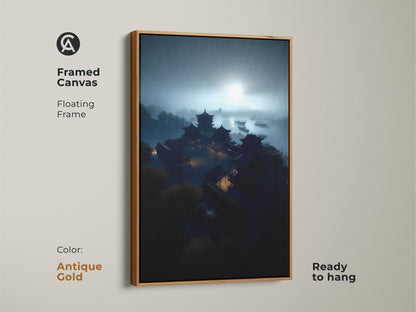 Framed Canvas of a Rainy Night Pagoda Art. This dark academia artwork features Asian architecture. The antique gold floating frame enhances the deep teal and midnight blue tones. Ready to hang this framed asian art print. Perfect for a study room.
