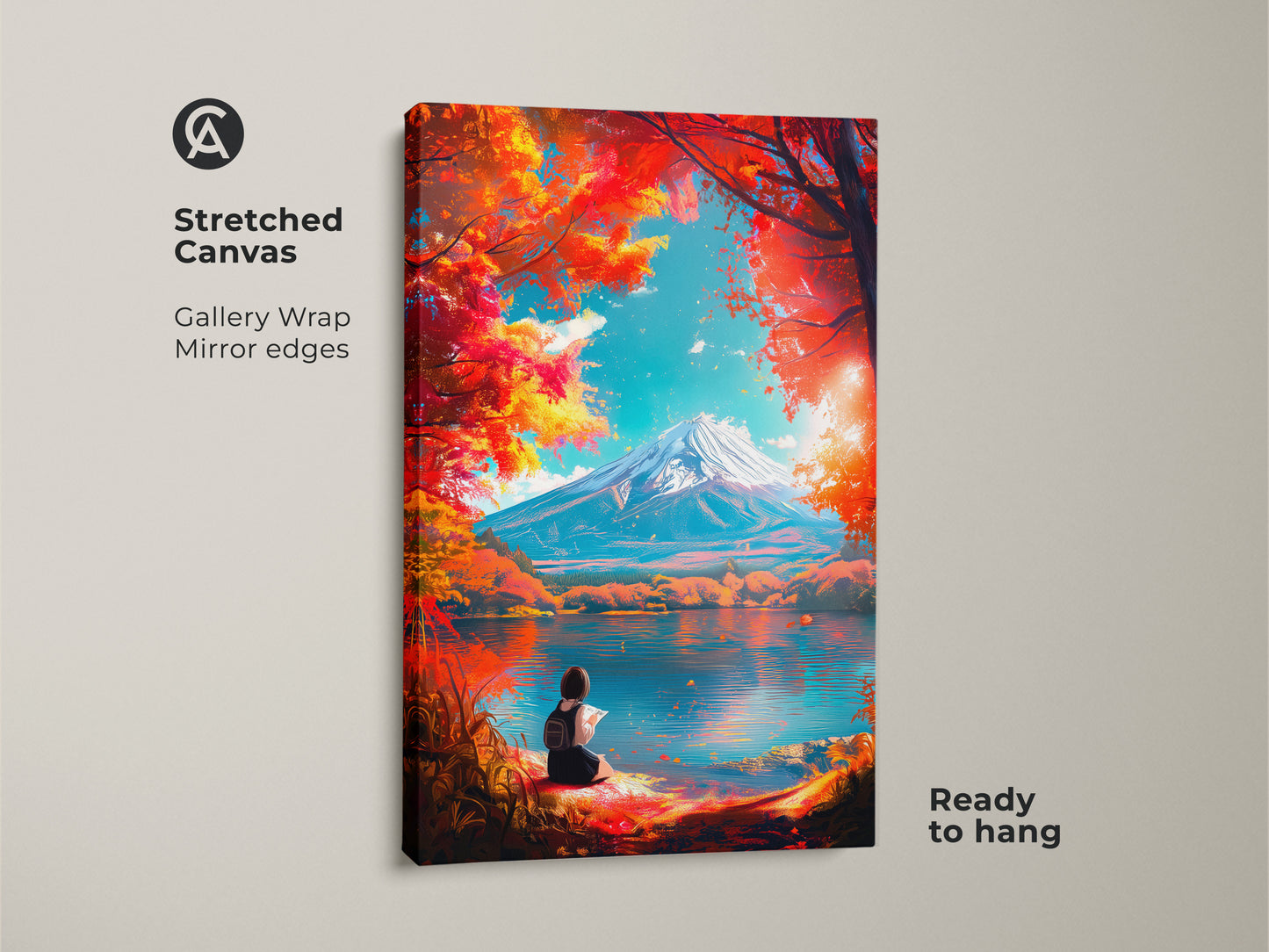 Stretched canvas artwork featuring Mount Fuji and a girl reading. Gallery wrapped with mirrored edges. It is ready to hang and adds a touch of elegance to any room. Buy now and enhance your home decor.