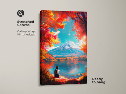 Stretched canvas artwork featuring Mount Fuji and a girl reading. Gallery wrapped with mirrored edges. It is ready to hang and adds a touch of elegance to any room. Buy now and enhance your home decor.