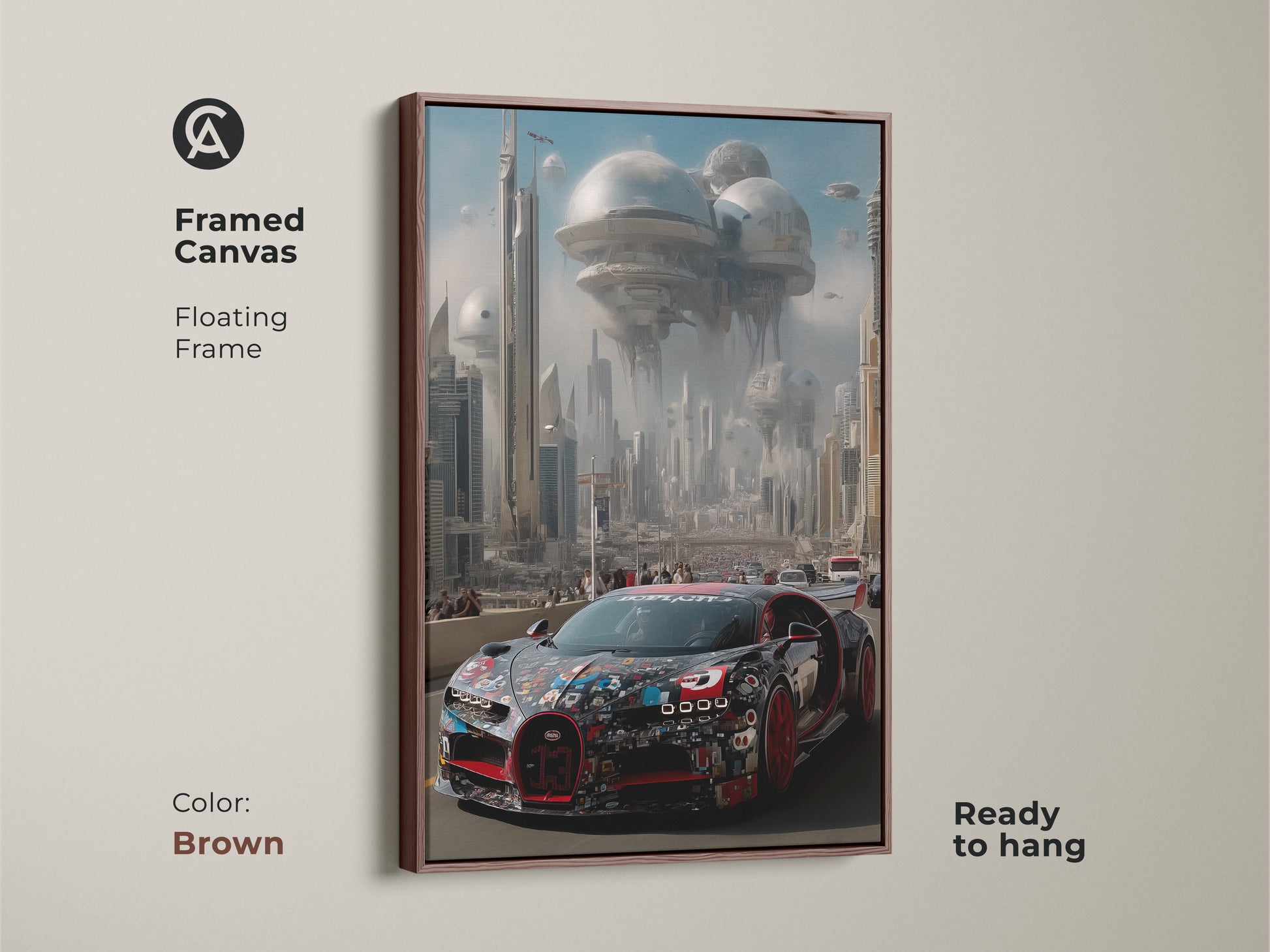 Framed in brown this canvas print features a hypercar in a futuristic cityscape. This digital artwork is ready to hang with a floating frame. The red and black hypercar adds a pop of color. Perfect for car enthusiasts this F1 fan gift adds a modern feel. The contemporary science fiction art.