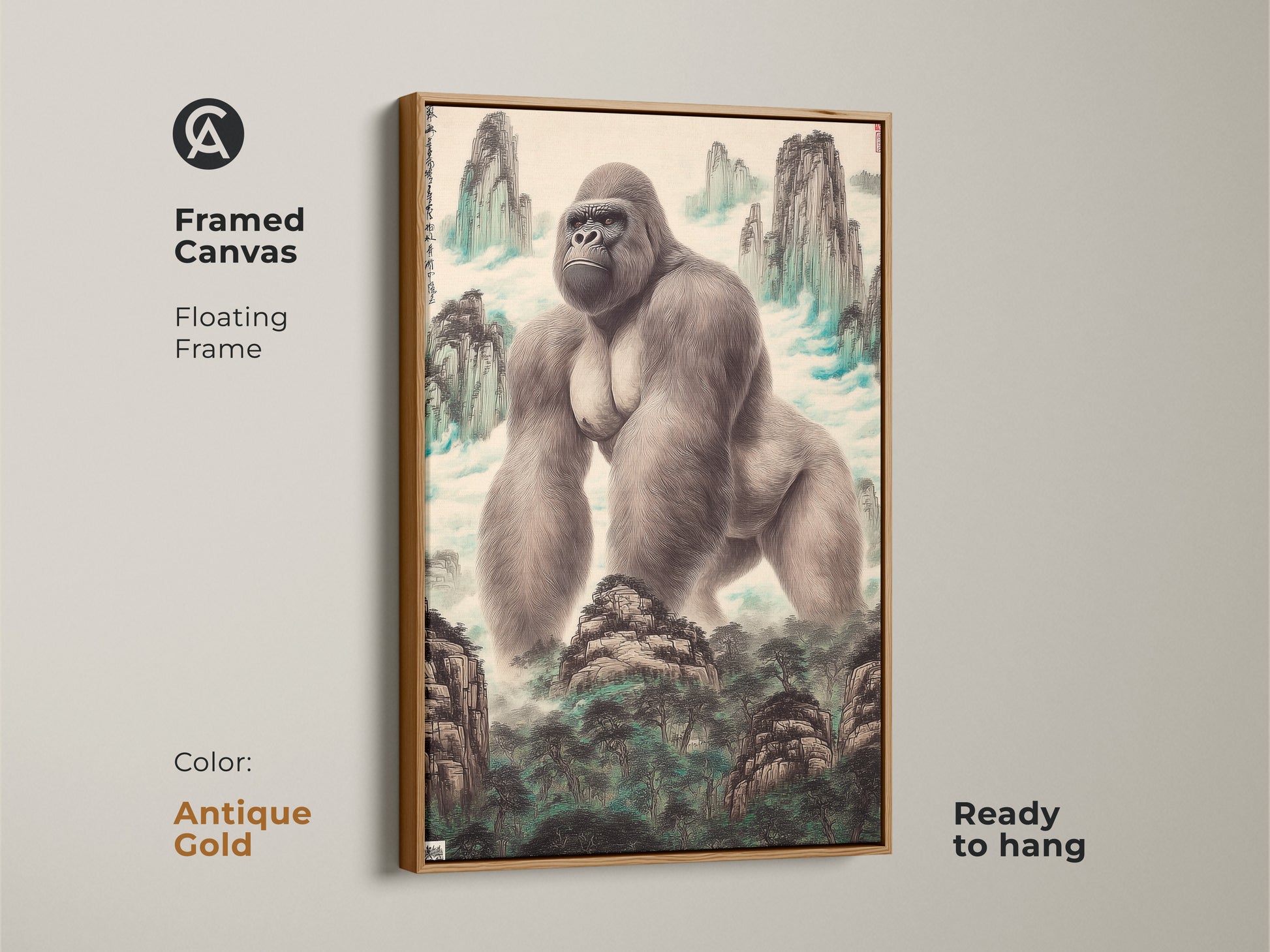Framed canvas art with a gorilla in a Chinese ink wash mountain setting. This animal decor features an antique gold floating frame ready to hang. This traditional Asian art enhances eclectic home decor and gallery walls. The nature-inspired print is a unique collectible wildlife piece perfect for study rooms. A perfect artistic gift for animal lovers.