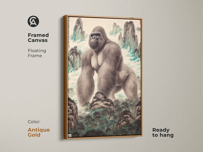 Framed canvas art with a gorilla in a Chinese ink wash mountain setting. This animal decor features an antique gold floating frame ready to hang. This traditional Asian art enhances eclectic home decor and gallery walls. The nature-inspired print is a unique collectible wildlife piece perfect for study rooms. A perfect artistic gift for animal lovers.