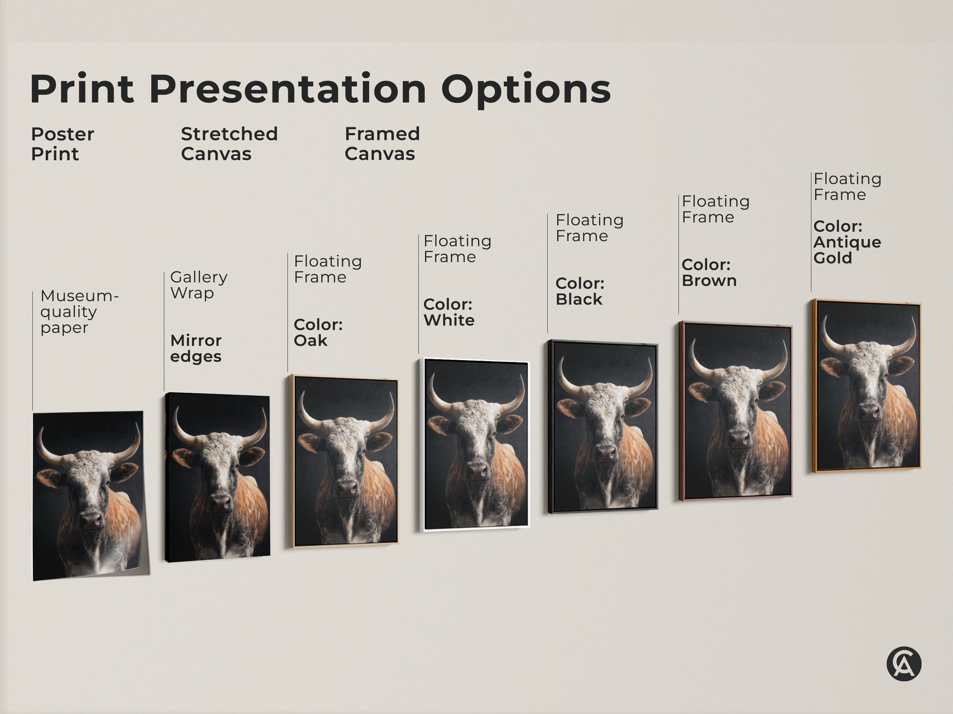 Explore print presentation options for realistic bull artwork. Choose from poster prints stretched canvases and framed canvases. Each option displays the tan white and brown tones of this rustic animal print decor. Find the perfect farmhouse cow wall art to complement your country style home decor. Ideal for any animal lover.