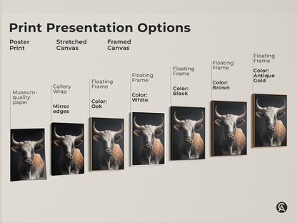 Explore print presentation options for realistic bull artwork. Choose from poster prints stretched canvases and framed canvases. Each option displays the tan white and brown tones of this rustic animal print decor. Find the perfect farmhouse cow wall art to complement your country style home decor. Ideal for any animal lover.