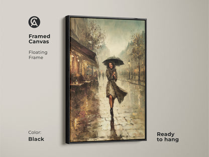 Framed canvas art featuring a Paris cafe scene. Black floating frame adds sophistication. Impressionist woman with umbrella wall art. Eclectic dining room decor in teal yellow brown. Ready to hang. Perfect anniversary gift for Francophiles. Enjoy this painterly Parisian artwork.