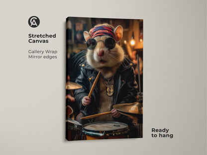 Stretched canvas of a rockabilly hamster drummer offering a gallery wrap with mirrored edges. This rock and roll art is ready to hang. It's a perfect unique pet portrait canvas for a man cave or music lover's home decor. Black tan brown aesthetic.