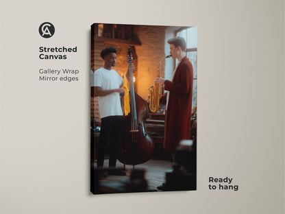 This stretched canvas displays a contemporary jazz artwork of a saxophonist and double bass player. Gallery wrapped with mirrored edges it's ready to hang. The fine art music scene is ideal as music room decor wall art and a great modern musician gift in gold and brown.