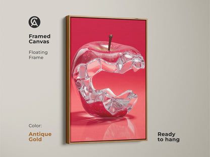 Framed Canvas of a crystal apple wall art. The floating frame is antique gold and the artwork is ready to hang. This crimson abstract wall decor is an ideal housewarming gift for chef.