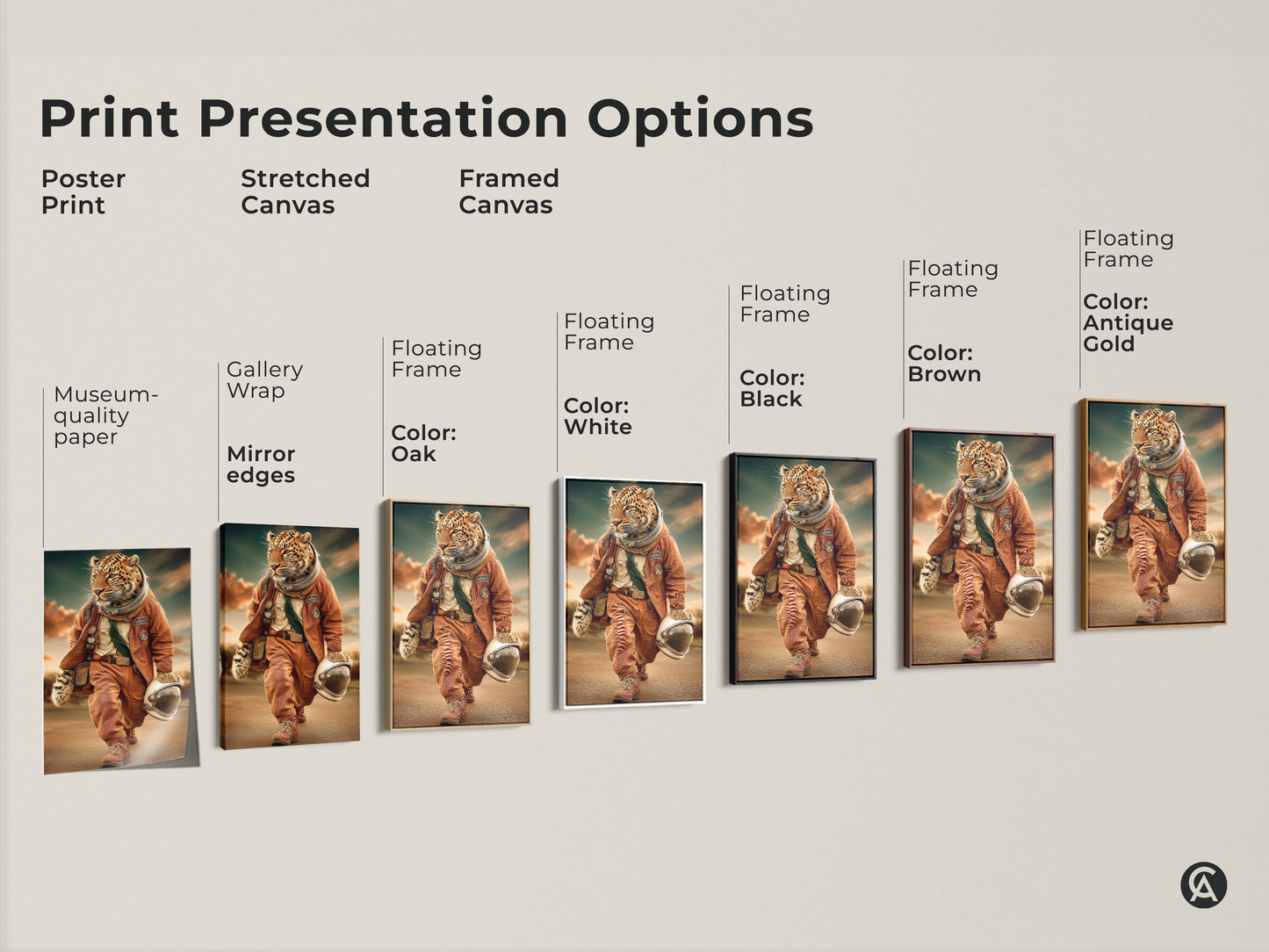 A print presentation option featuring a leopard astronaut. It is available as a poster print or stretched canvas. It is also available as a framed canvas. Floating frames are available in oak white black brown and antique gold. This artwork offers an eclectic and modern touch.