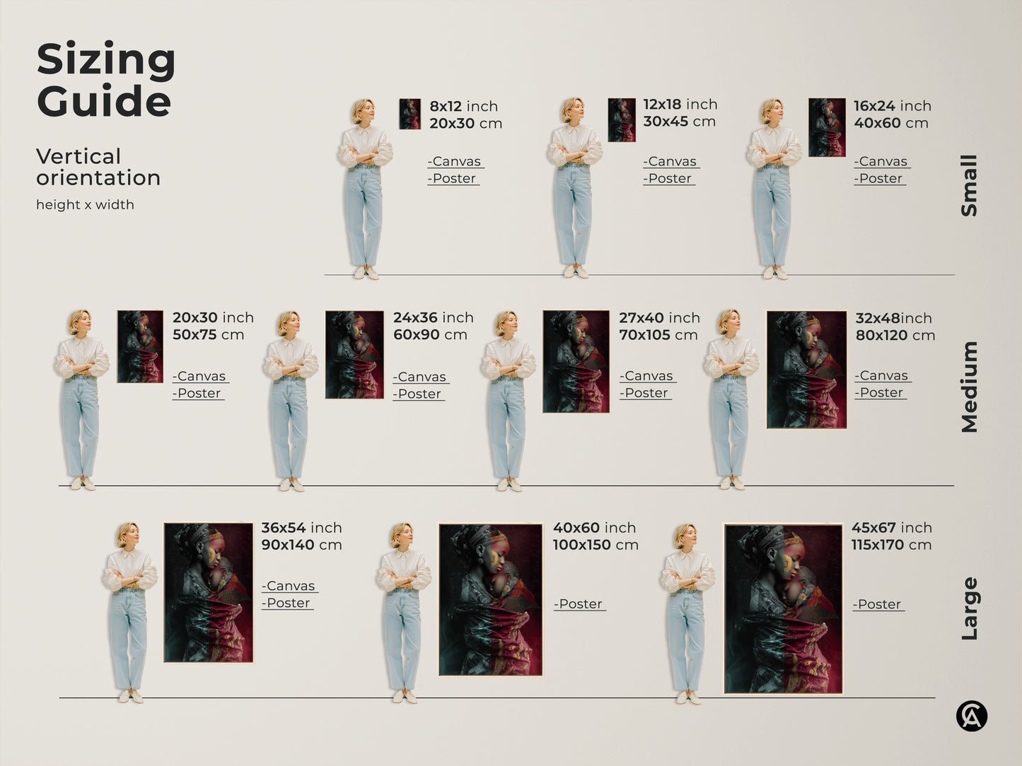 Find the perfect size with our sizing guide for the African mother and child artwork. Available in vertical orientations from small to large. Choose canvas or poster prints to suit your space. Sizes range from 8x12 to 45x67 inches. This tribal fusion piece fits any room.