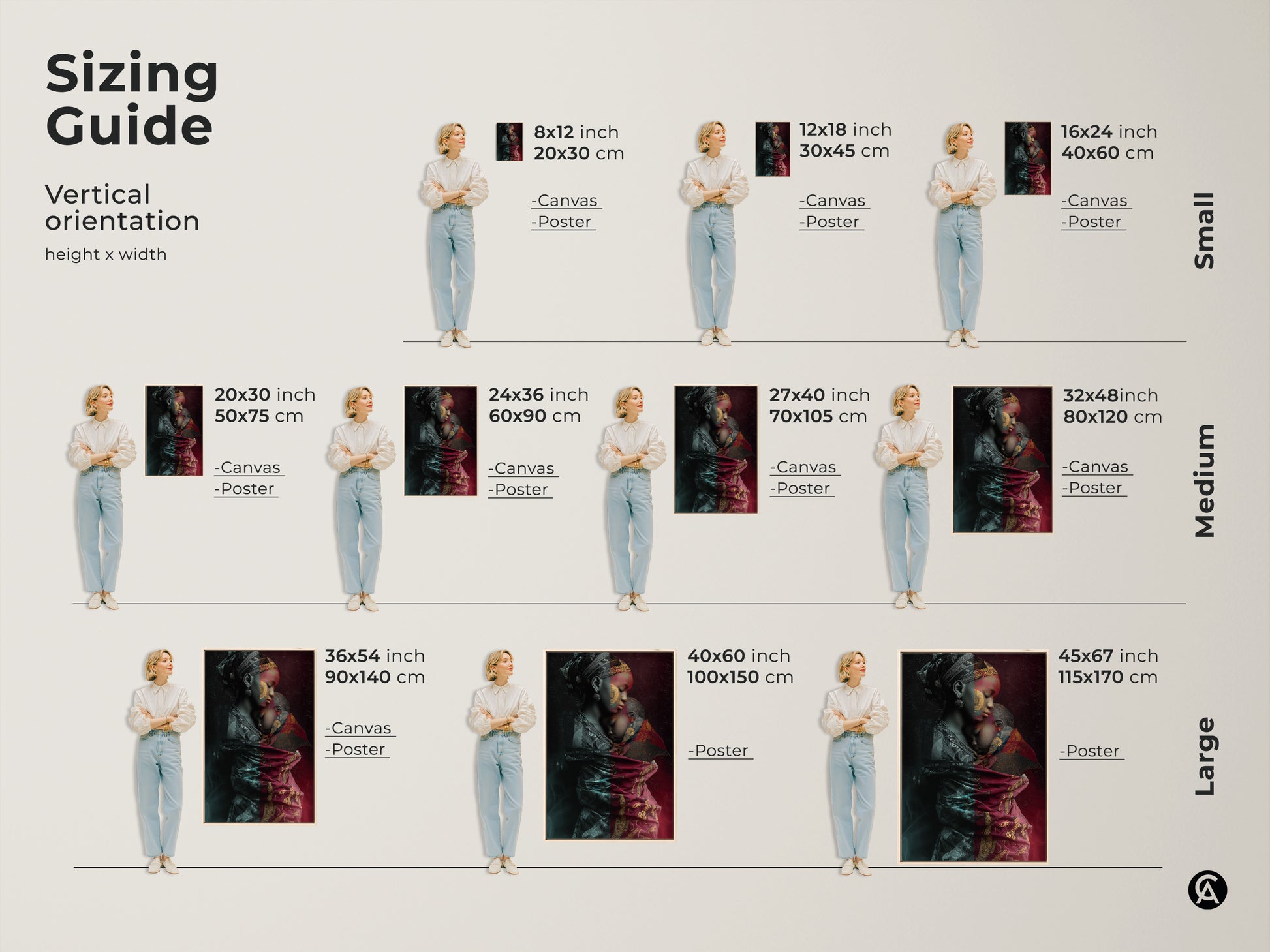 Find the perfect size with our sizing guide for the African mother and child artwork. Available in vertical orientations from small to large. Choose canvas or poster prints to suit your space. Sizes range from 8x12 to 45x67 inches. This tribal fusion piece fits any room.