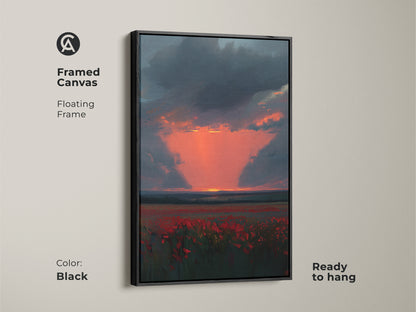 Framed Canvas of a Crimson Poppy Field at Sunset. The frame color is black. It features a floating frame. The vibrant red poppies and dramatic dark blue sky enhance any space. It is ready to hang.