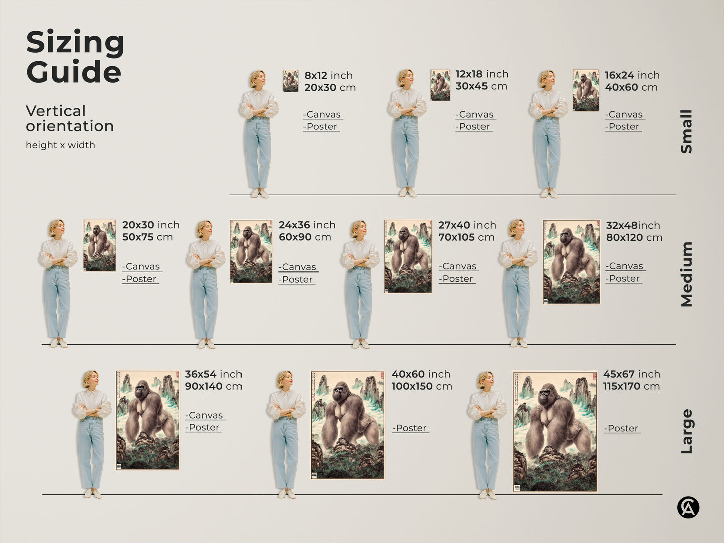 Sizing guide for traditional Chinese gorilla landscape art. Vertical orientation options include canvas and poster prints. Find small medium and large sizes to fit your space. Each piece brings animal artwork and nature inspired elements to your walls. Choose the perfect animal wall decor to enhance your home office.