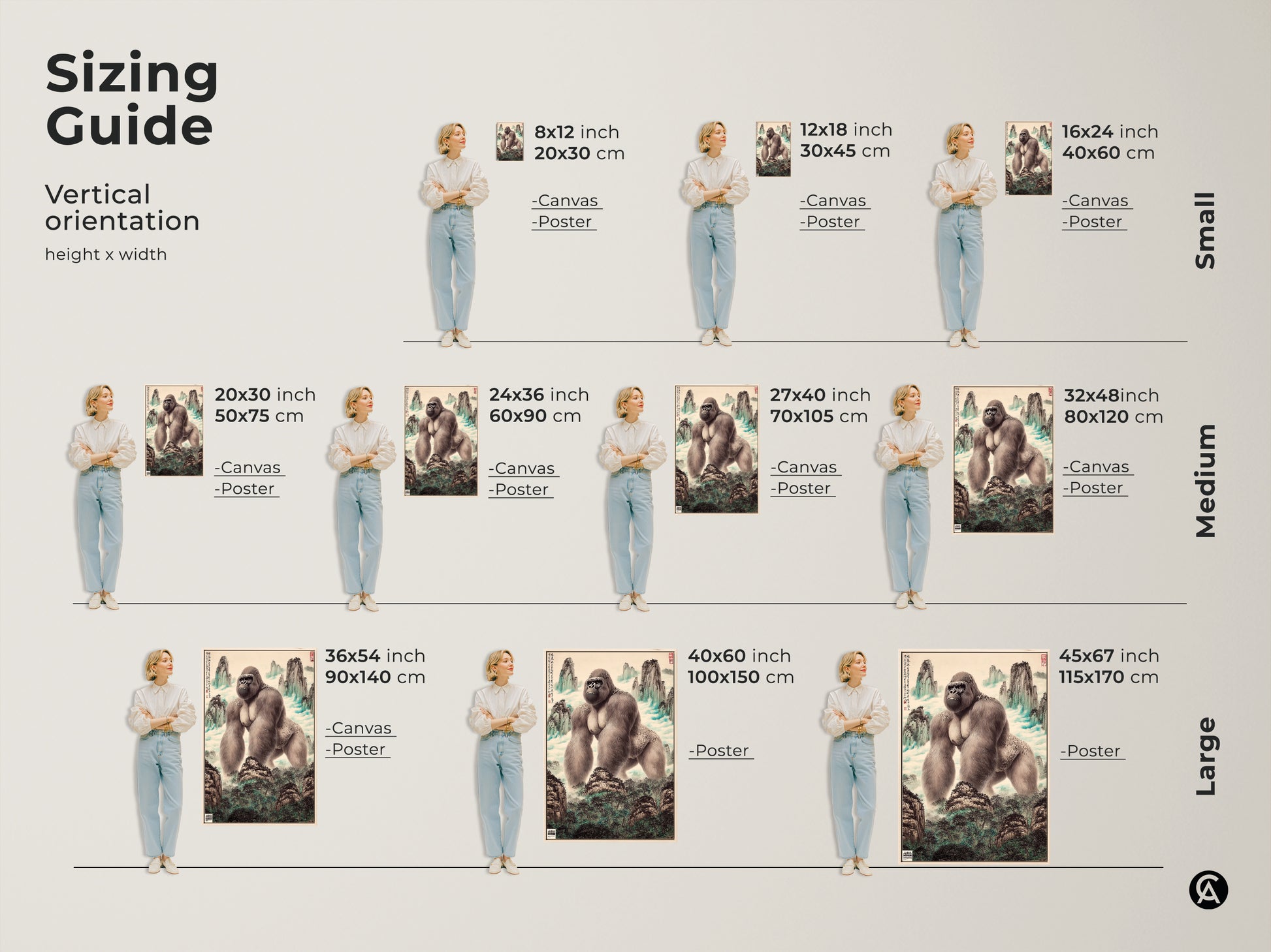 Sizing guide for traditional Chinese gorilla landscape art. Vertical orientation options include canvas and poster prints. Find small medium and large sizes to fit your space. Each piece brings animal artwork and nature inspired elements to your walls. Choose the perfect animal wall decor to enhance your home office.