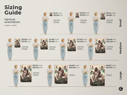 Sizing guide for traditional Chinese gorilla landscape art. Vertical orientation options include canvas and poster prints. Find small medium and large sizes to fit your space. Each piece brings animal artwork and nature inspired elements to your walls. Choose the perfect animal wall decor to enhance your home office.