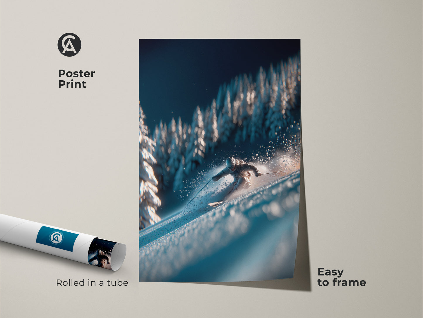 Bring the slopes home with this vibrant poster print. A skier is captured in mid-turn amidst snow-laden trees. The cool tones evoke the crisp mountain air. Easy to frame this print is a great addition to any ski lover's collection.
