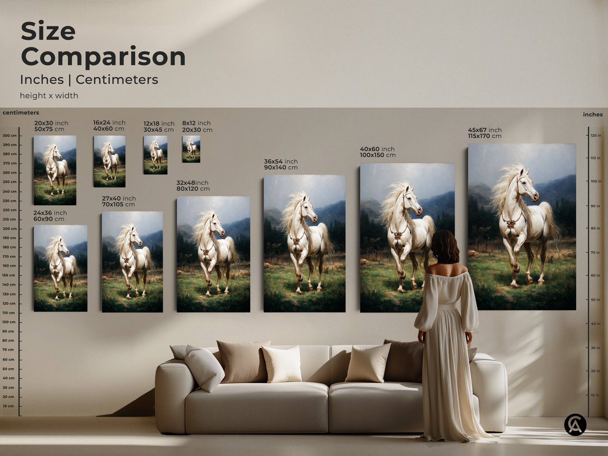 A size comparison of the rustic green landscape canvas art. See how the realistic white horse print looks in various sizes. This artwork offers inches and centimeters for easy comparison. Ideal for planning your equestrian home decor find the perfect fit for your living room or bedroom.