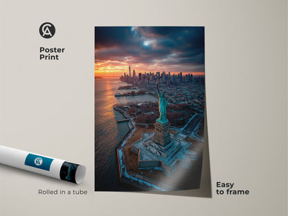 This poster print features the Statue of Liberty and NYC. The artwork arrives rolled in a tube ready for framing. The print captures the stunning sunset over the city. Easy to frame it offers a versatile art solution.