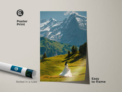 A poster print showcasing a breathtaking mountain landscape. The artwork features a woman in a white dress standing in a green field. The poster is rolled in a tube. Easy to frame this nature scenery artwork brings an impressionistic style to any room. Perfect as a housewarming gift.