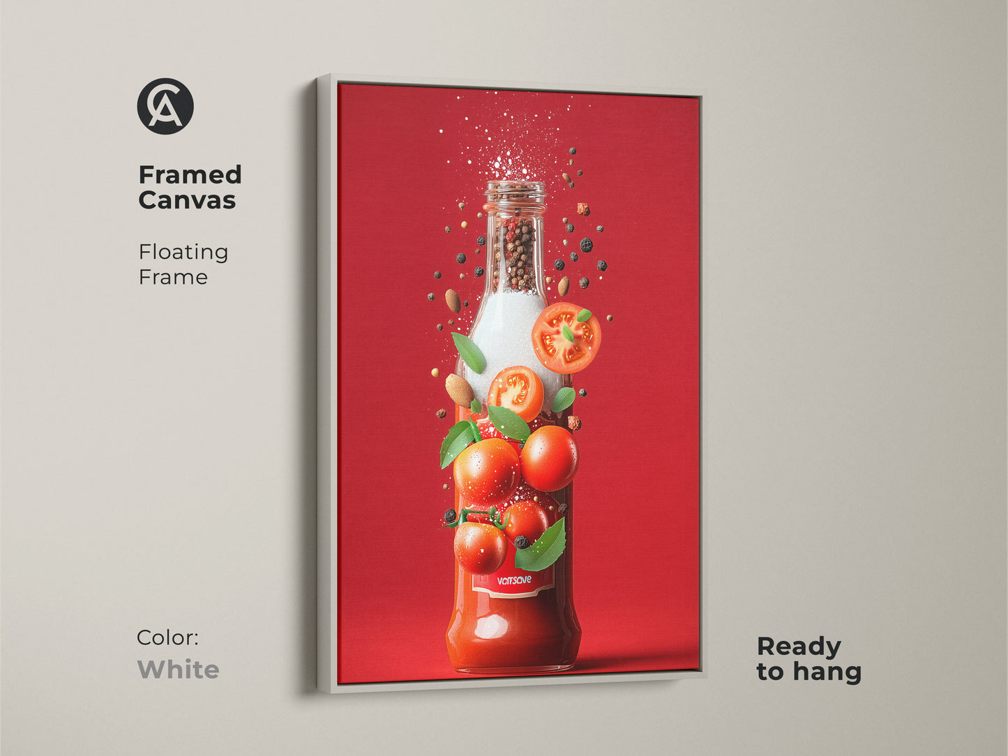 White framed tomato sauce bottle art. The art shows a bottle with tomatoes peppercorns spices and herbs. This vibrant artwork is a framed canvas with a floating frame. The art is ready to hang.