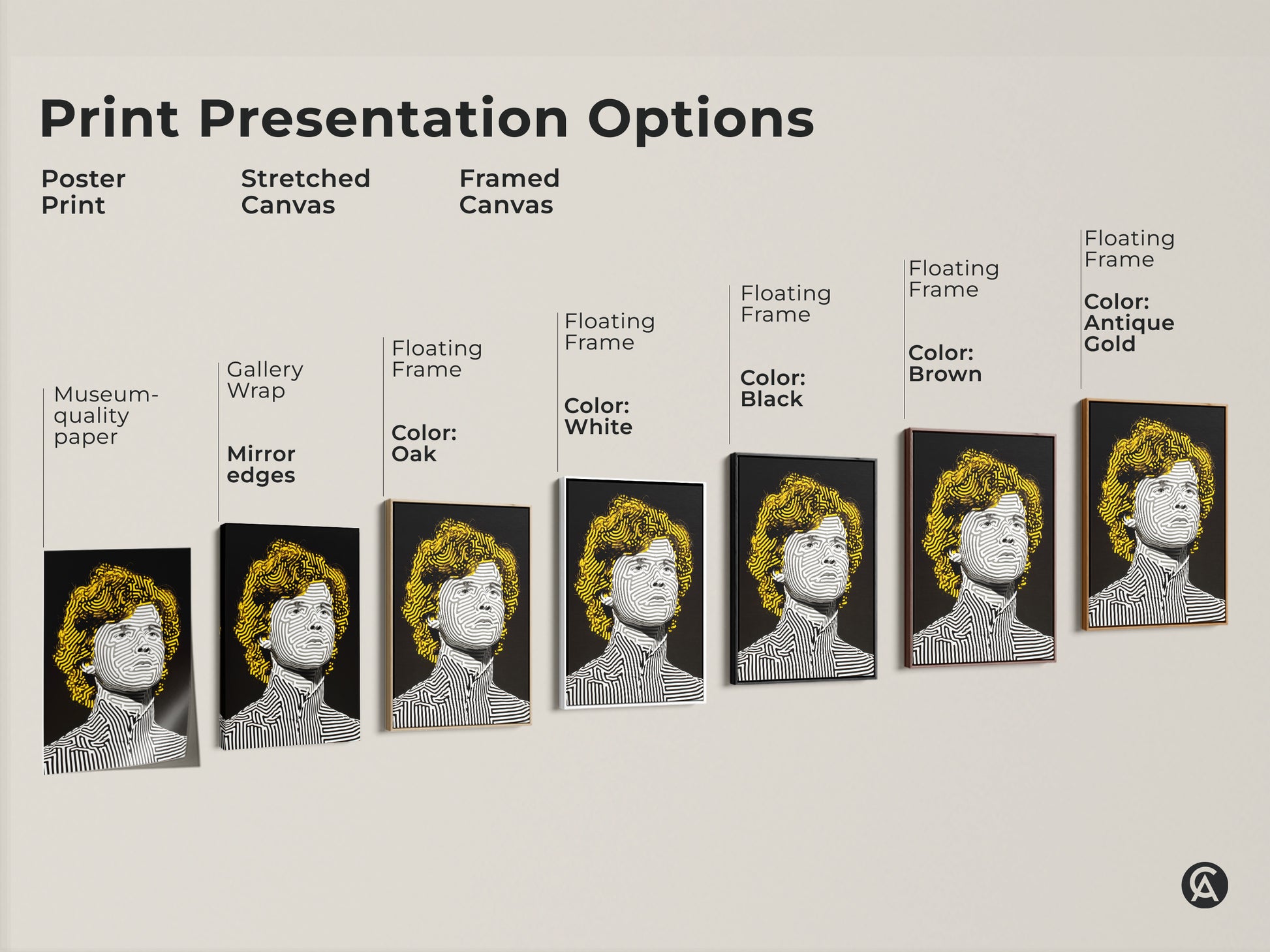 Print presentation options featuring a portrait with striped line art. Choose from poster prints stretched canvas and framed canvas. Each art option displays the yellow-haired person in a unique style.