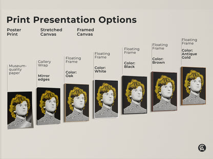 Print presentation options featuring a portrait with striped line art. Choose from poster prints stretched canvas and framed canvas. Each art option displays the yellow-haired person in a unique style.