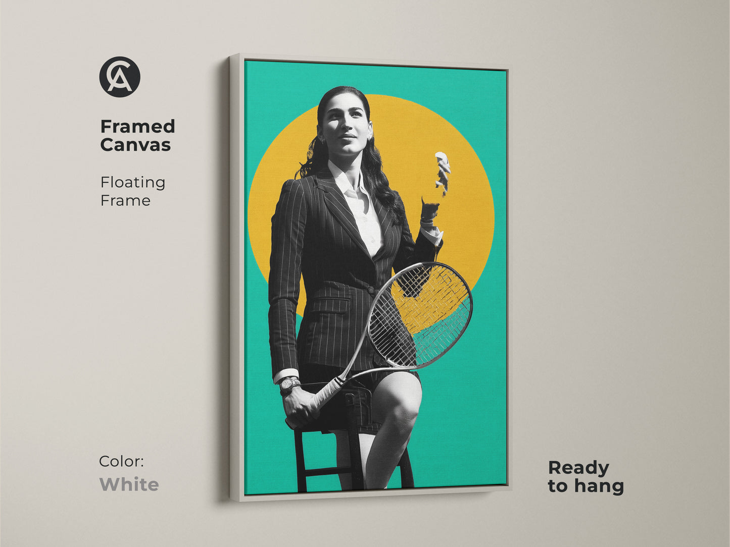 Framed canvas featuring a tennis player in a graphic artwork. The contemporary yellow teal and black design enhances any space. A great gift for sports fans and tennis players. Ready to hang with a sleek white floating frame this artwork is a modern office statement piece.