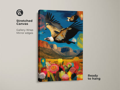 Gallery wrapped canvas art showcases a vulture flying over a colorful canyon landscape. The artwork features mirror edges and is ready to hang. This abstract wildlife canvas enhances any wall art collection. It is an ideal gift for eclectic home decor.