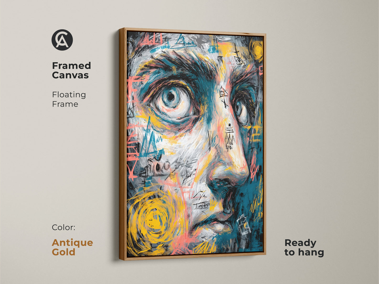 Framed canvas art with a floating antique gold frame. The artwork showcases a person's face with blue and graffiti details. This framed canvas is ready to hang. The antique gold frame adds a touch of elegance.