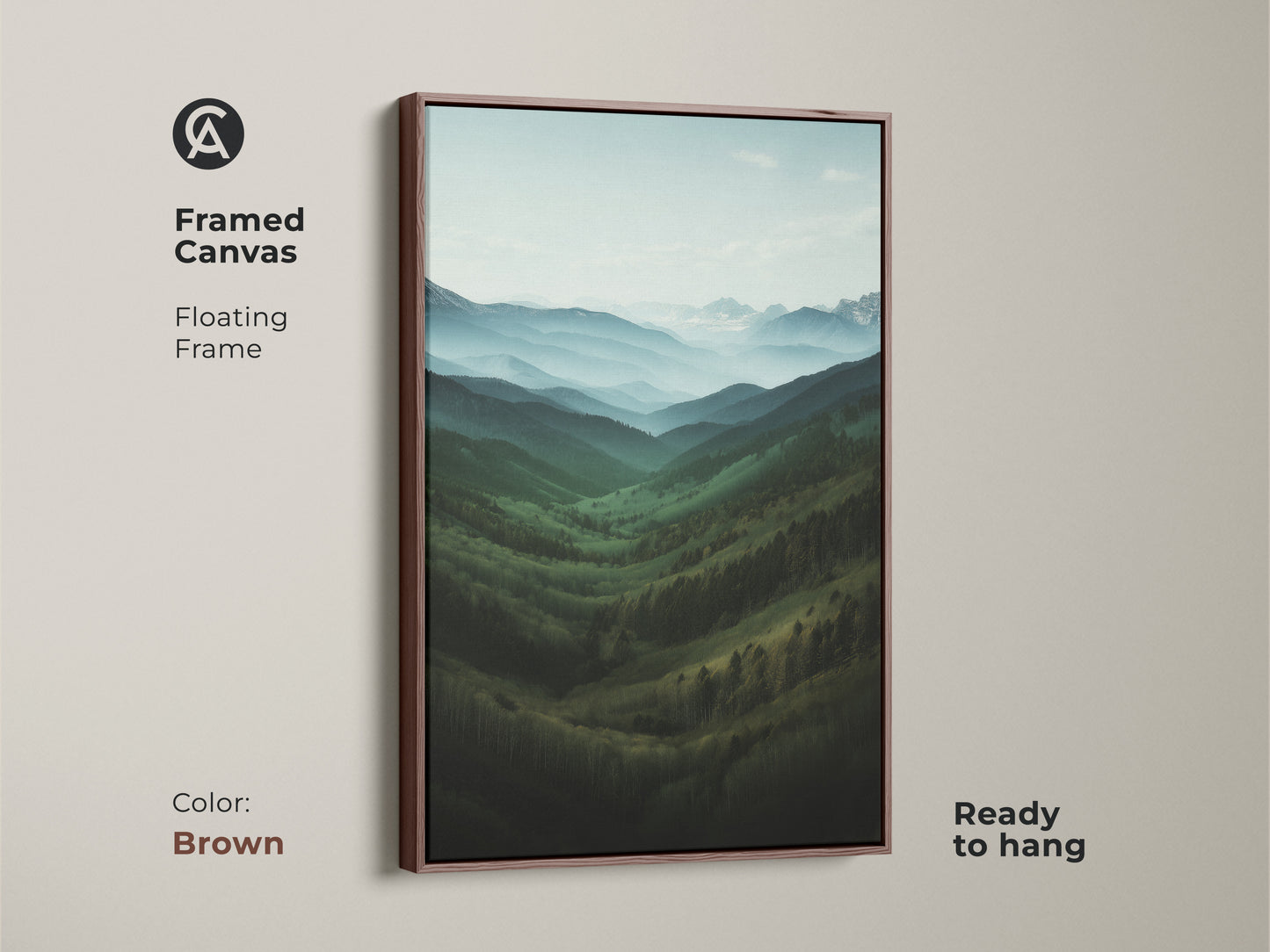 Framed canvas with a floating frame displaying a forest valley landscape. This brown frame enhances the scenic landscape print. Perfect tranquil outdoor wall hanging for your home.
