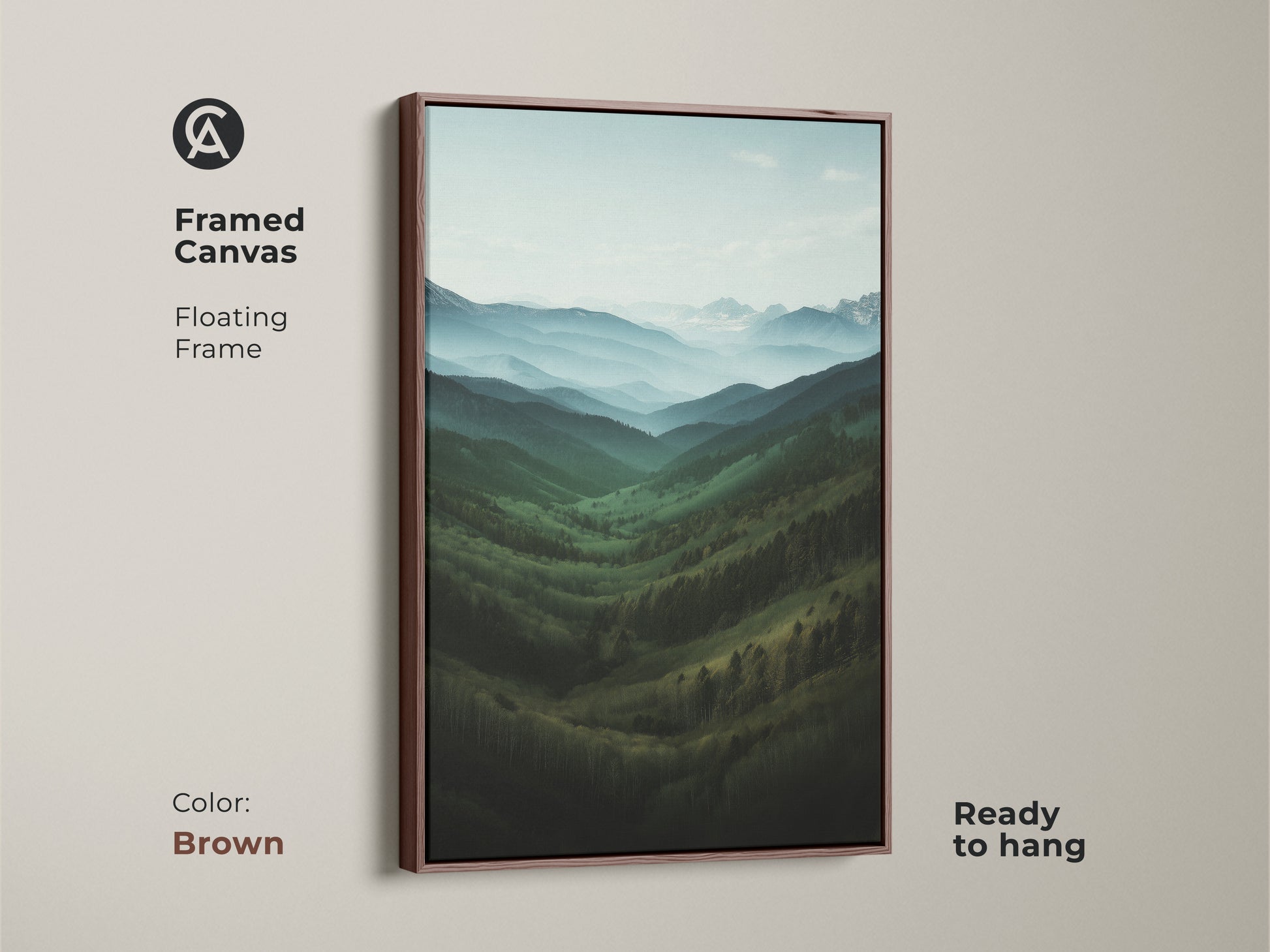 Framed canvas with a floating frame displaying a forest valley landscape. This brown frame enhances the scenic landscape print. Perfect tranquil outdoor wall hanging for your home.