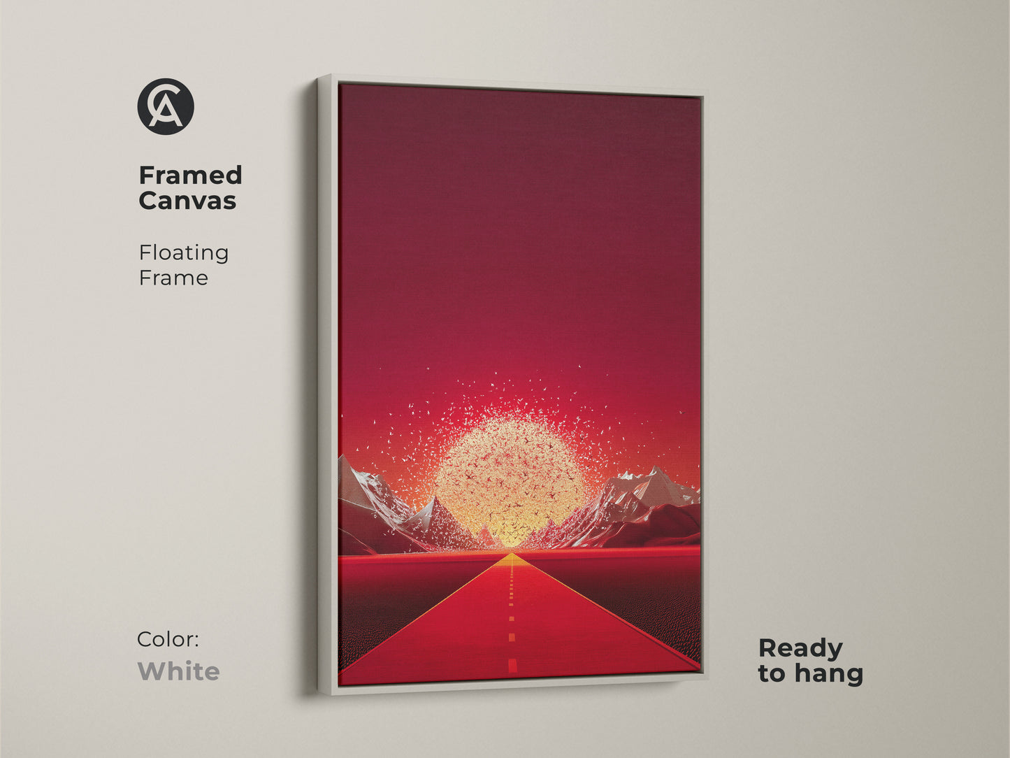 Framed canvas in white features a surrealist landscape. The artwork shows a crimson road leading to golden mountains. This contemporary entryway decor is ready to hang. A striking wall decor piece. It is a unique home decor gift. The piece features vivid color wall art.