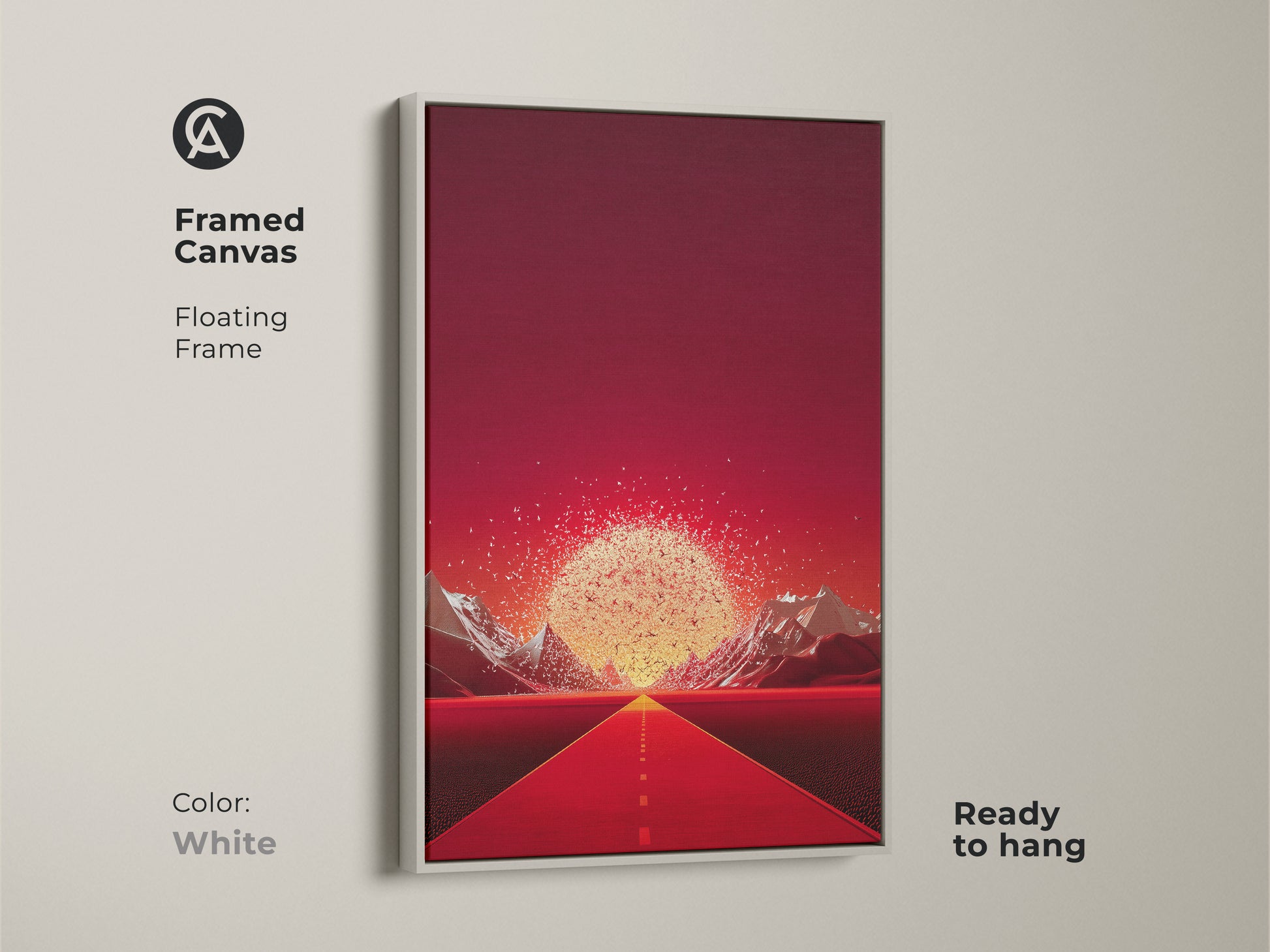 Framed canvas in white features a surrealist landscape. The artwork shows a crimson road leading to golden mountains. This contemporary entryway decor is ready to hang. A striking wall decor piece. It is a unique home decor gift. The piece features vivid color wall art.