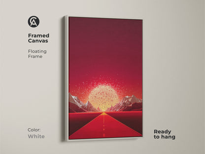 Framed canvas in white features a surrealist landscape. The artwork shows a crimson road leading to golden mountains. This contemporary entryway decor is ready to hang. A striking wall decor piece. It is a unique home decor gift. The piece features vivid color wall art.