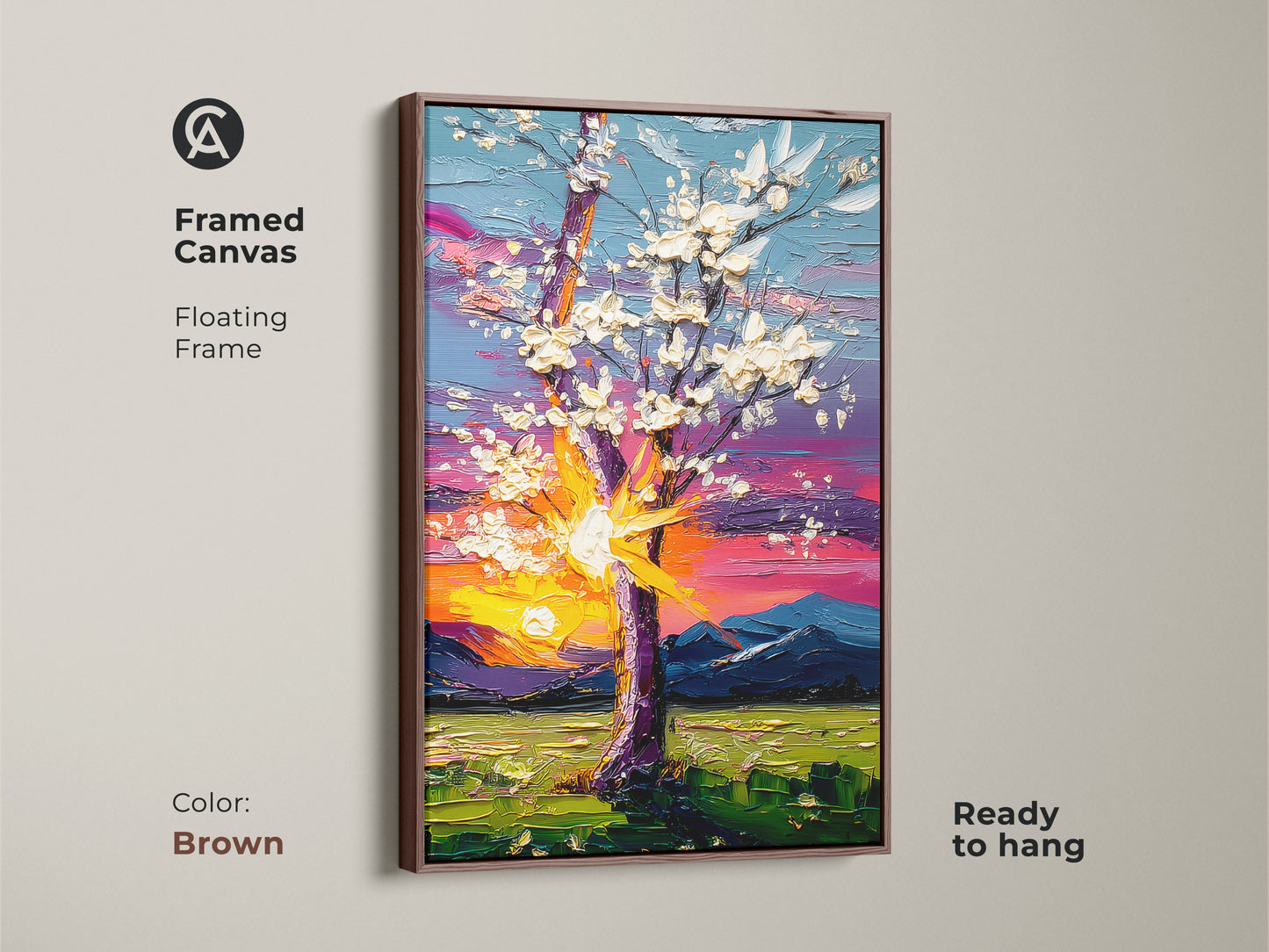 Framed canvas art in a brown floating frame displaying an impressionistic tree. A blooming tree against a sunset sky creates vibrant home art. Ready to hang this landscape print is perfect for eclectic bedrooms.