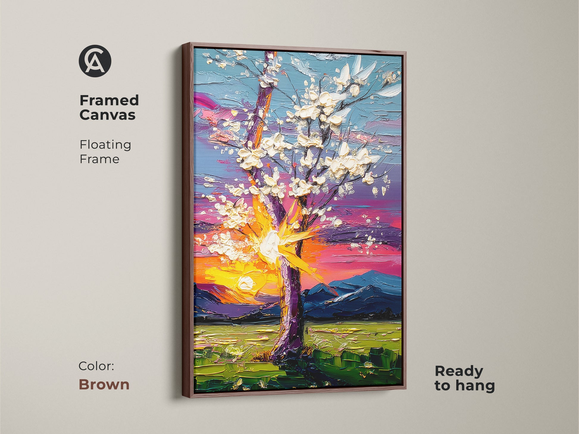 Framed canvas art in a brown floating frame displaying an impressionistic tree. A blooming tree against a sunset sky creates vibrant home art. Ready to hang this landscape print is perfect for eclectic bedrooms.