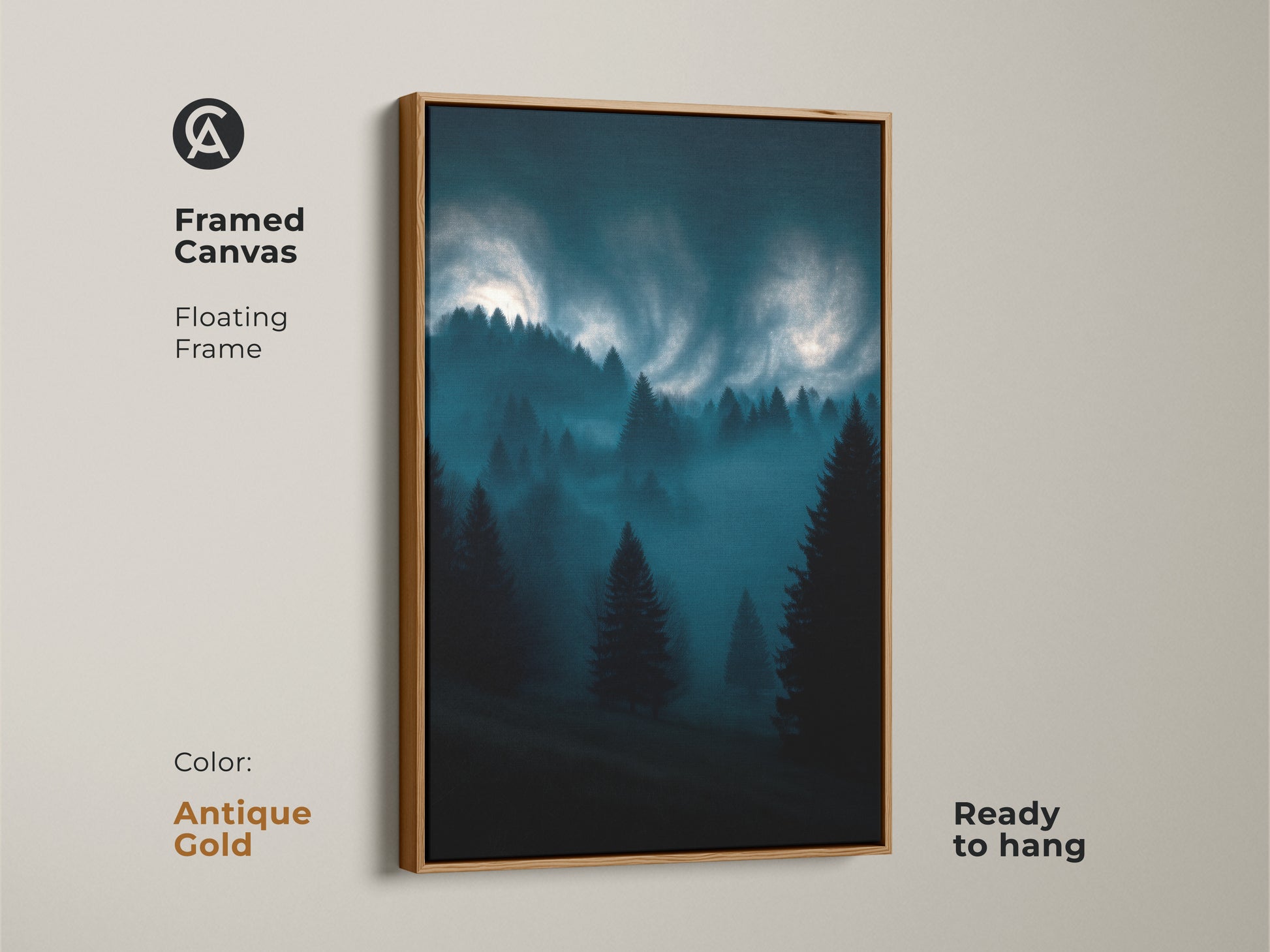 Modern framed canvas art of a misty pine forest. The midnight blue landscape is set in an antique gold floating frame. Ready to hang for serene home decor.