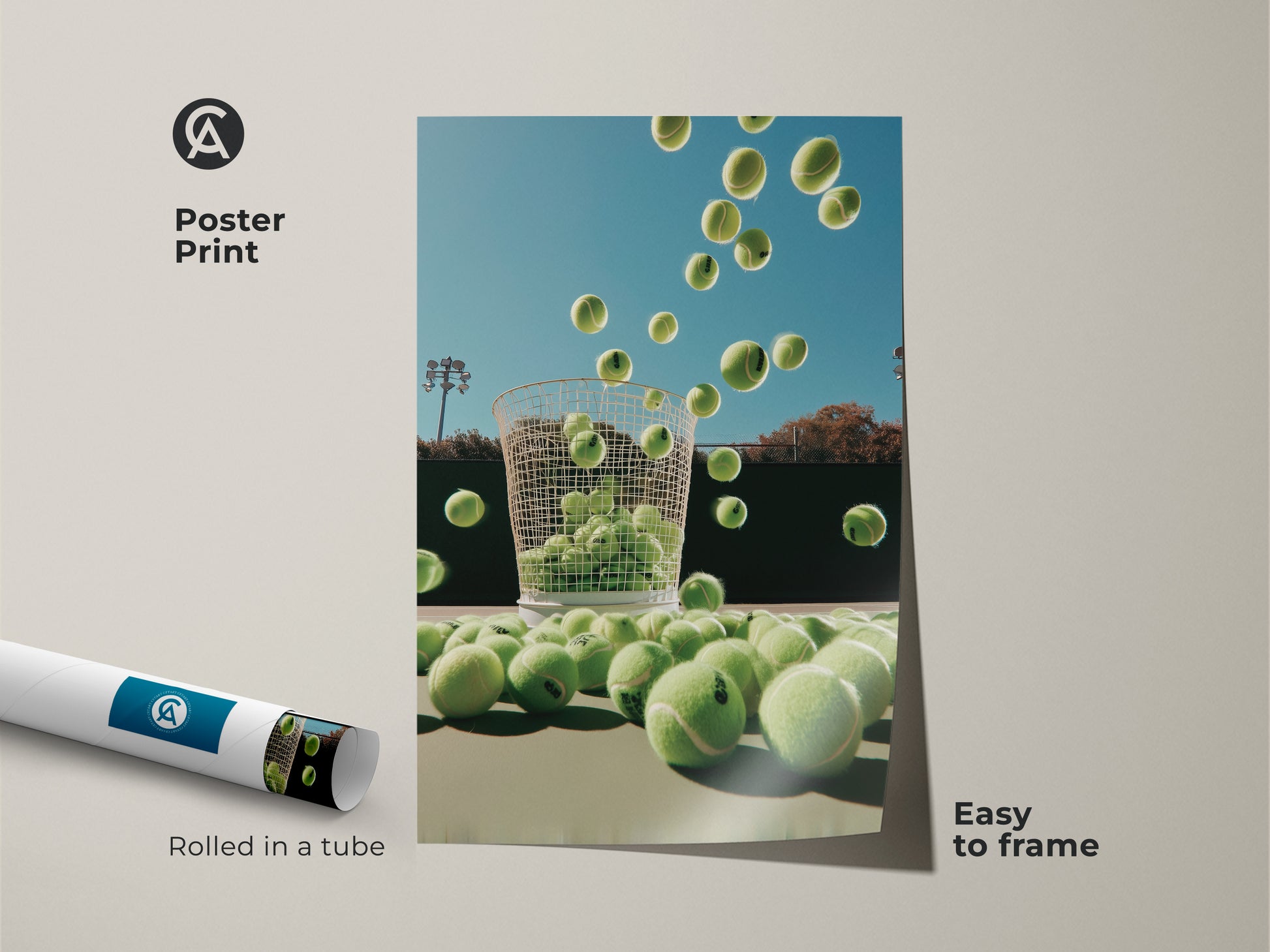 Easy to frame poster print of tennis balls. Rolled in a tube for safe delivery. This museum-quality paper captures every detail. The unique perspective and vibrant colors make this artwork a standout piece. Great for home or office.