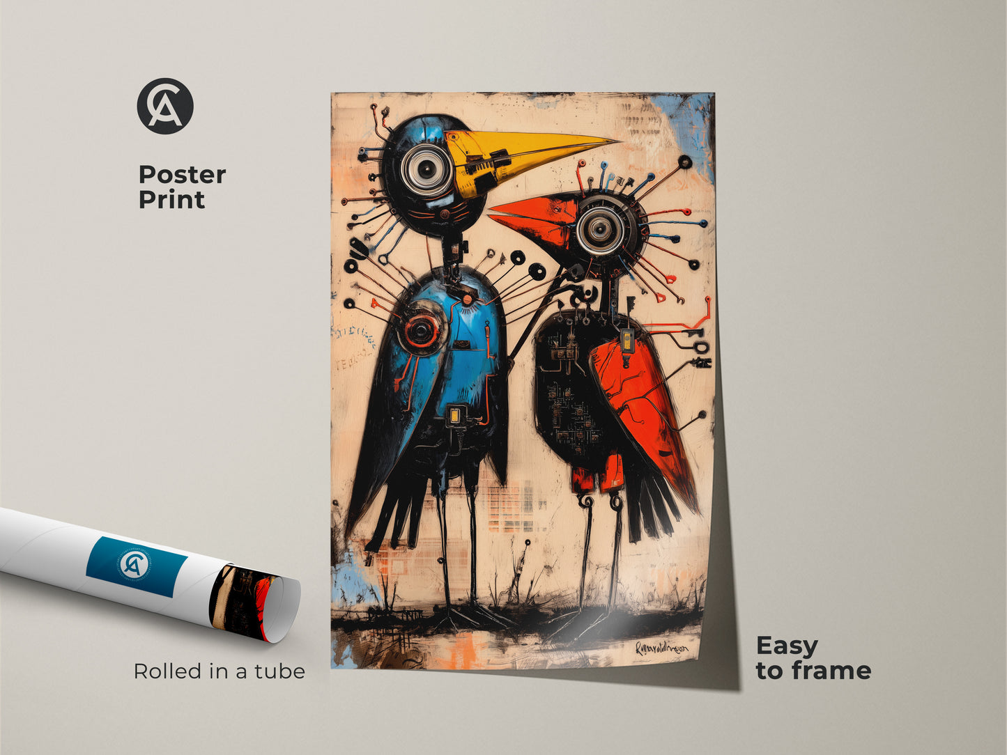 Abstract mechanical bird art available as a poster print. The robot bird illustration is rolled in a tube for easy framing. The orange and blue abstract painting adds an eclectic wall hanging. The steampunk bird poster makes a creative workspace decor piece.
