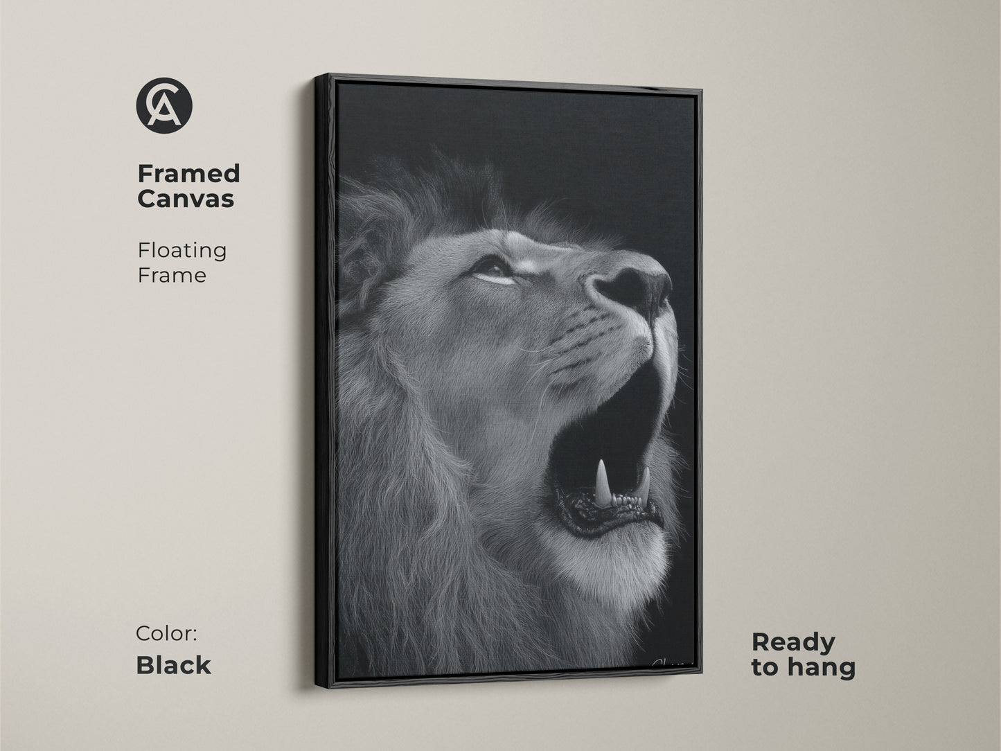 Photorealistic lion canvas in a sleek black floating frame. This framed monochrome wildlife art is ready to hang. Its a contemporary black and white animal artwork. A sophisticated piece perfect for modern home decor or a gift for animal lover. Captivating lion art.