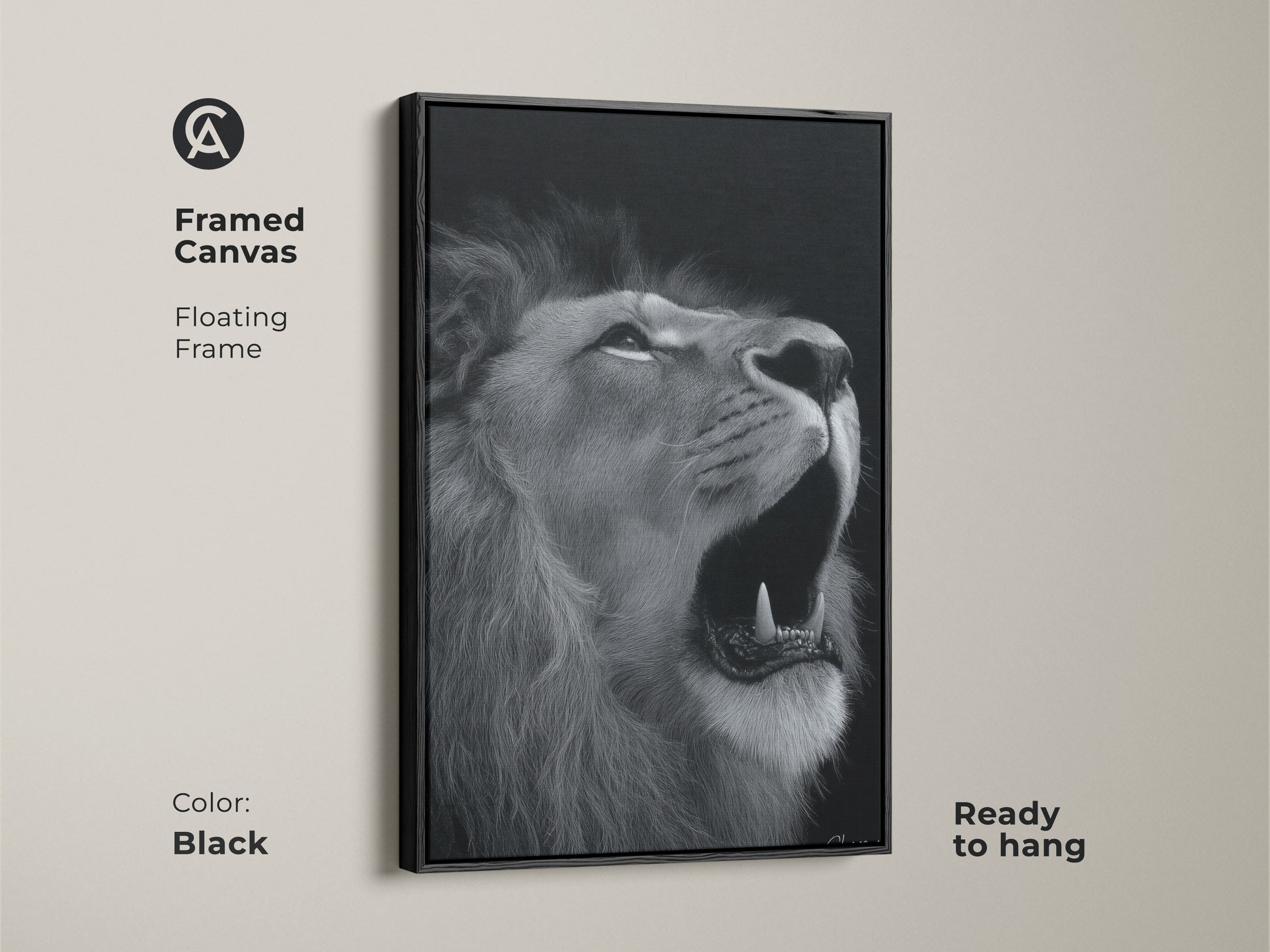 Photorealistic lion canvas in a sleek black floating frame. This framed monochrome wildlife art is ready to hang. Its a contemporary black and white animal artwork. A sophisticated piece perfect for modern home decor or a gift for animal lover. Captivating lion art.